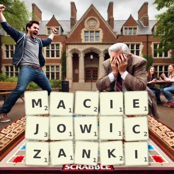 Kreatywna ilustracja do gry w Scrabble ze słowem MACIEJOWICZANKI ułożonym z płytek na planszy.
