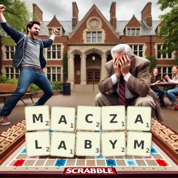 Kreatywna ilustracja do gry w Scrabble ze słowem MACZALABYM ułożonym z płytek na planszy.