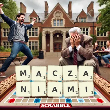 Kreatywna ilustracja do gry w Scrabble ze słowem MACZANIAMI ułożonym z płytek na planszy.