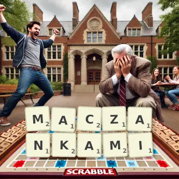 Kreatywna ilustracja do gry w Scrabble ze słowem MACZANKAMI ułożonym z płytek na planszy.