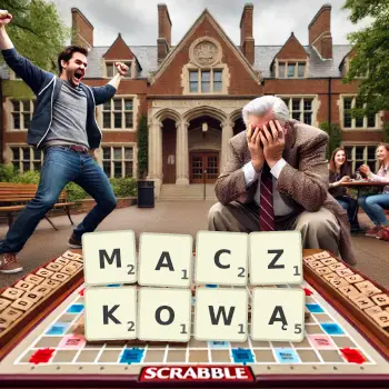 Kreatywna ilustracja do gry w Scrabble ze słowem MACZKOWĄ ułożonym z płytek na planszy.