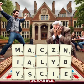 Kreatywna ilustracja do gry w Scrabble ze słowem MACZNIALYBYSCIE ułożonym z płytek na planszy.