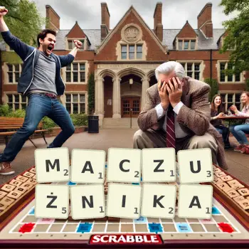 Kreatywna ilustracja do gry w Scrabble ze słowem MACZUŻNIKA ułożonym z płytek na planszy.