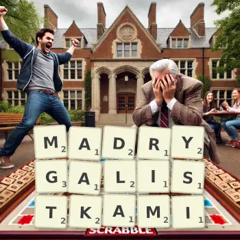 Kreatywna ilustracja do gry w Scrabble ze słowem MADRYGALISTKAMI ułożonym z płytek na planszy.