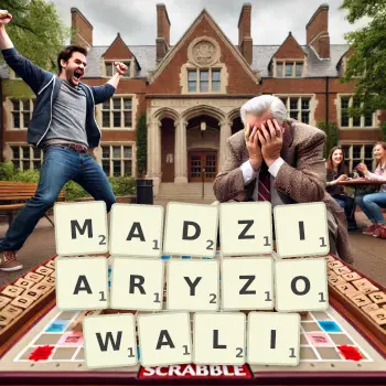 Kreatywna ilustracja do gry w Scrabble ze słowem MADZIARYZOWALI ułożonym z płytek na planszy.
