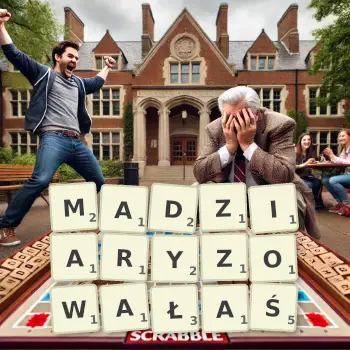 Kreatywna ilustracja do gry w Scrabble ze słowem MADZIARYZOWAŁAŚ ułożonym z płytek na planszy.