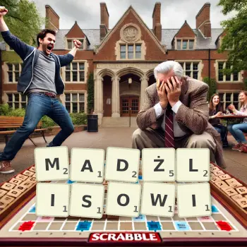 Kreatywna ilustracja do gry w Scrabble ze słowem MADŻLISOWI ułożonym z płytek na planszy.