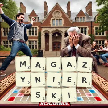 Kreatywna ilustracja do gry w Scrabble ze słowem MAGAZYNIERSKI ułożonym z płytek na planszy.