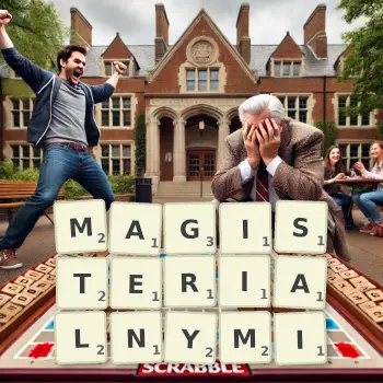 Kreatywna ilustracja do gry w Scrabble ze słowem MAGISTERIALNYMI ułożonym z płytek na planszy.