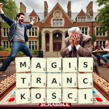 Kreatywna ilustracja do gry w Scrabble ze słowem MAGISTRANCKOŚCI ułożonym z płytek na planszy.
