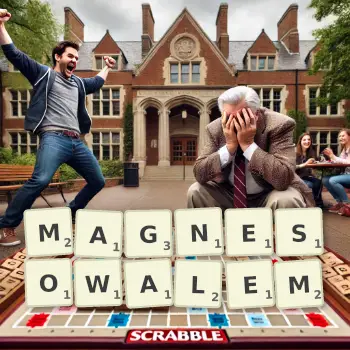 Kreatywna ilustracja do gry w Scrabble ze słowem MAGNESOWALEM ułożonym z płytek na planszy.