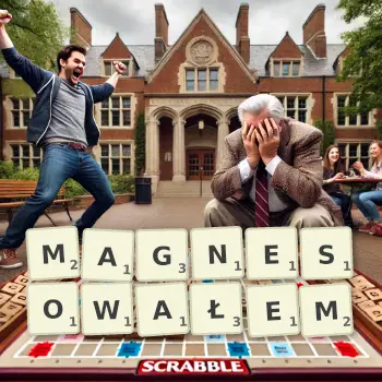 Kreatywna ilustracja do gry w Scrabble ze słowem MAGNESOWAŁEM ułożonym z płytek na planszy.
