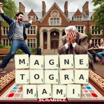 Kreatywna ilustracja do gry w Scrabble ze słowem MAGNETOGRAMAMI ułożonym z płytek na planszy.