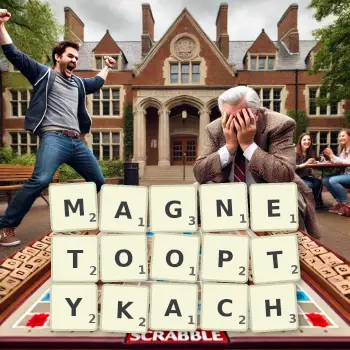Kreatywna ilustracja do gry w Scrabble ze słowem MAGNETOOPTYKACH ułożonym z płytek na planszy.