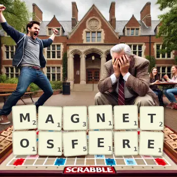 Kreatywna ilustracja do gry w Scrabble ze słowem MAGNETOSFERE ułożonym z płytek na planszy.