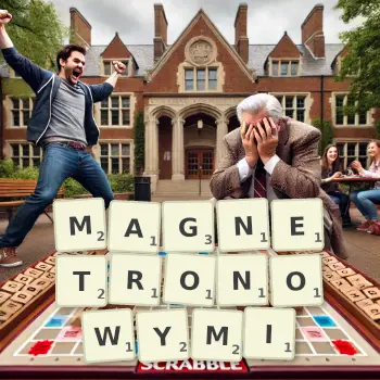 Kreatywna ilustracja do gry w Scrabble ze słowem MAGNETRONOWYMI ułożonym z płytek na planszy.