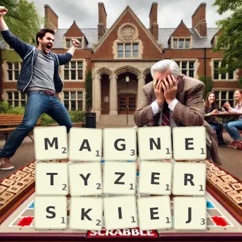 Kreatywna ilustracja do gry w Scrabble ze słowem MAGNETYZERSKIEJ ułożonym z płytek na planszy.