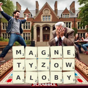 Kreatywna ilustracja do gry w Scrabble ze słowem MAGNETYZOWALOBY ułożonym z płytek na planszy.