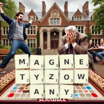 Kreatywna ilustracja do gry w Scrabble ze słowem MAGNETYZOWANY ułożonym z płytek na planszy.