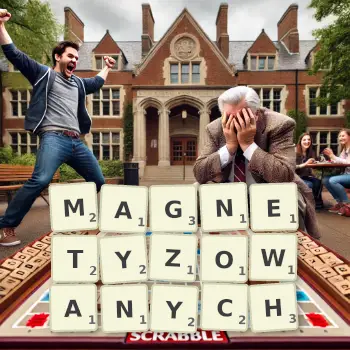 Kreatywna ilustracja do gry w Scrabble ze słowem MAGNETYZOWANYCH ułożonym z płytek na planszy.