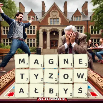 Kreatywna ilustracja do gry w Scrabble ze słowem MAGNETYZOWAŁBYŚ ułożonym z płytek na planszy.