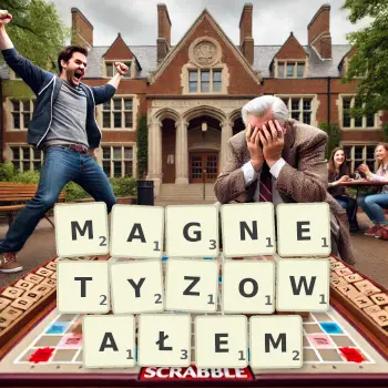 Kreatywna ilustracja do gry w Scrabble ze słowem MAGNETYZOWAŁEM ułożonym z płytek na planszy.
