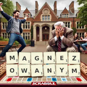 Kreatywna ilustracja do gry w Scrabble ze słowem MAGNEZOWANYM ułożonym z płytek na planszy.