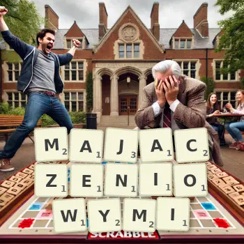 Kreatywna ilustracja do gry w Scrabble ze słowem MAJACZENIOWYMI ułożonym z płytek na planszy.