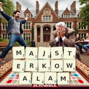 Kreatywna ilustracja do gry w Scrabble ze słowem MAJSTERKOWALAM ułożonym z płytek na planszy.