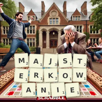 Kreatywna ilustracja do gry w Scrabble ze słowem MAJSTERKOWANIE ułożonym z płytek na planszy.