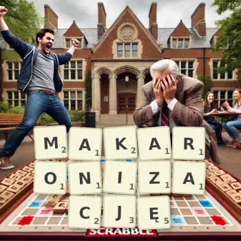 Kreatywna ilustracja do gry w Scrabble ze słowem MAKARONIZACJĘ ułożonym z płytek na planszy.