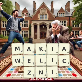 Kreatywna ilustracja do gry w Scrabble ze słowem MAKIAWELICZNI ułożonym z płytek na planszy.
