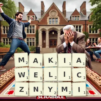 Kreatywna ilustracja do gry w Scrabble ze słowem MAKIAWELICZNYMI ułożonym z płytek na planszy.