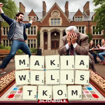 Kreatywna ilustracja do gry w Scrabble ze słowem MAKIAWELISTKOM ułożonym z płytek na planszy.