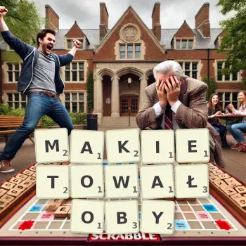 Kreatywna ilustracja do gry w Scrabble ze słowem MAKIETOWAŁOBY ułożonym z płytek na planszy.