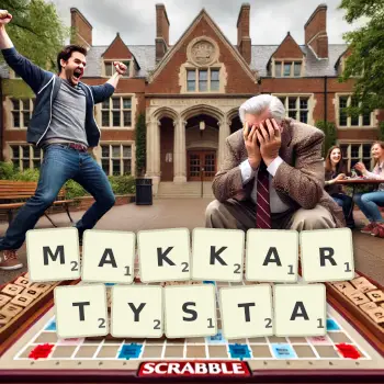 Kreatywna ilustracja do gry w Scrabble ze słowem MAKKARTYSTA ułożonym z płytek na planszy.