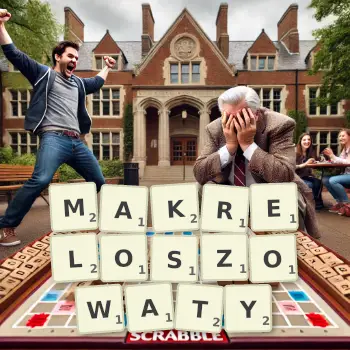 Kreatywna ilustracja do gry w Scrabble ze słowem MAKRELOSZOWATY ułożonym z płytek na planszy.