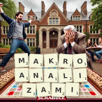 Kreatywna ilustracja do gry w Scrabble ze słowem MAKROANALIZAMI ułożonym z płytek na planszy.