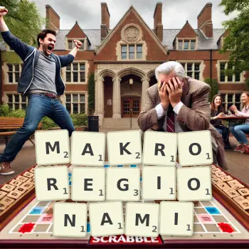 Kreatywna ilustracja do gry w Scrabble ze słowem MAKROREGIONAMI ułożonym z płytek na planszy.