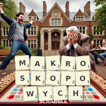 Kreatywna ilustracja do gry w Scrabble ze słowem MAKROSKOPOWYCH ułożonym z płytek na planszy.