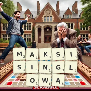 Kreatywna ilustracja do gry w Scrabble ze słowem MAKSISINGLOWĄ ułożonym z płytek na planszy.