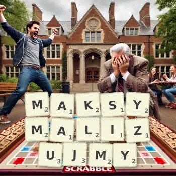 Kreatywna ilustracja do gry w Scrabble ze słowem MAKSYMALIZUJMY ułożonym z płytek na planszy.