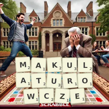 Kreatywna ilustracja do gry w Scrabble ze słowem MAKULATUROWCZE ułożonym z płytek na planszy.