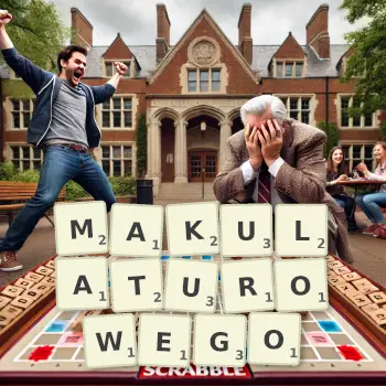 Kreatywna ilustracja do gry w Scrabble ze słowem MAKULATUROWEGO ułożonym z płytek na planszy.