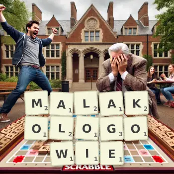 Kreatywna ilustracja do gry w Scrabble ze słowem MALAKOLOGOWIE ułożonym z płytek na planszy.