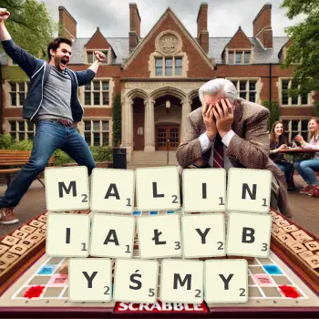 Kreatywna ilustracja do gry w Scrabble ze słowem MALINIAŁYBYŚMY ułożonym z płytek na planszy.