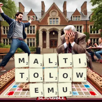 Kreatywna ilustracja do gry w Scrabble ze słowem MALTITOLOWEMU ułożonym z płytek na planszy.