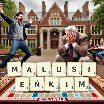 Kreatywna ilustracja do gry w Scrabble ze słowem MALUSIEŃKIM ułożonym z płytek na planszy.