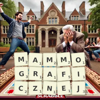 Kreatywna ilustracja do gry w Scrabble ze słowem MAMMOGRAFICZNEJ ułożonym z płytek na planszy.