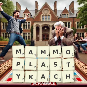 Kreatywna ilustracja do gry w Scrabble ze słowem MAMMOPLASTYKACH ułożonym z płytek na planszy.